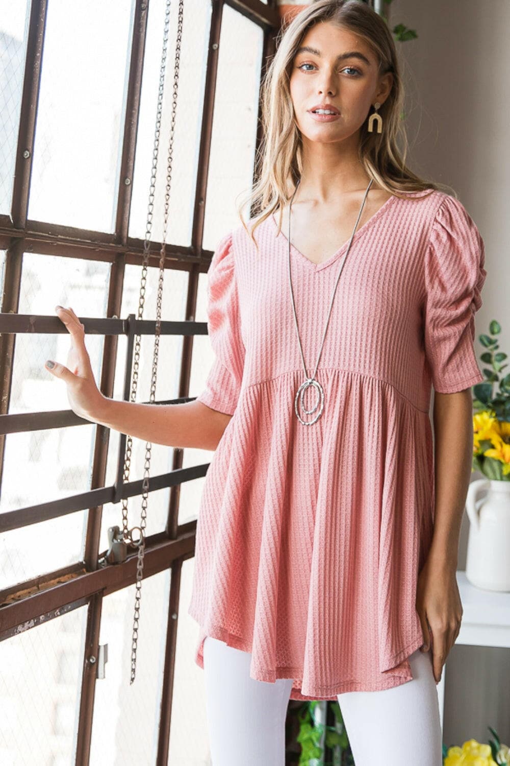 Heimish Full Size Waffle Knit V-Neck Babydoll Top.