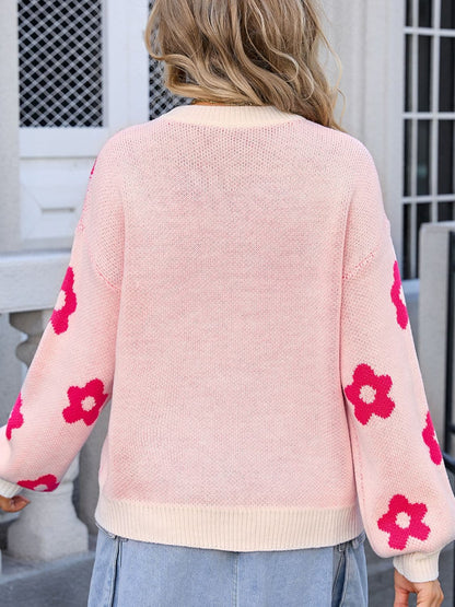 Cozy floral round neck oversized sweater