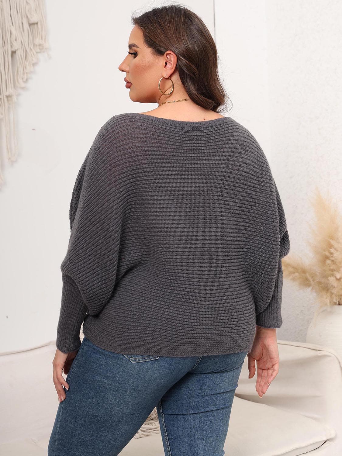 Full Size Boat Neck Batwing Sleeve Sweater.