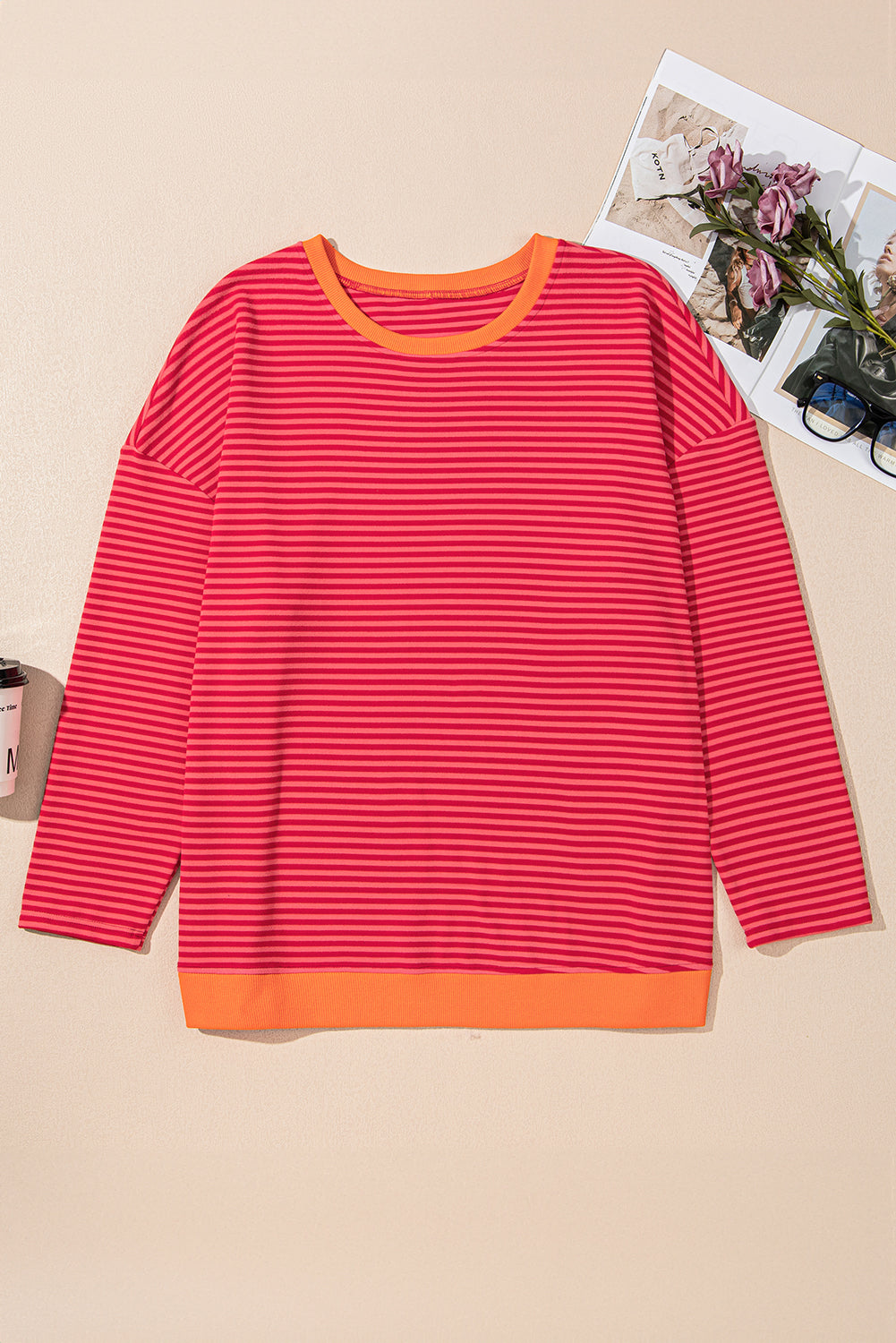 Chic orange stripe plus size drop shoulder button-up top