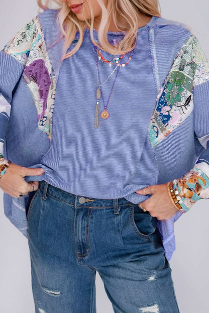 Floral Striped Patchwork Round Neck Blouse