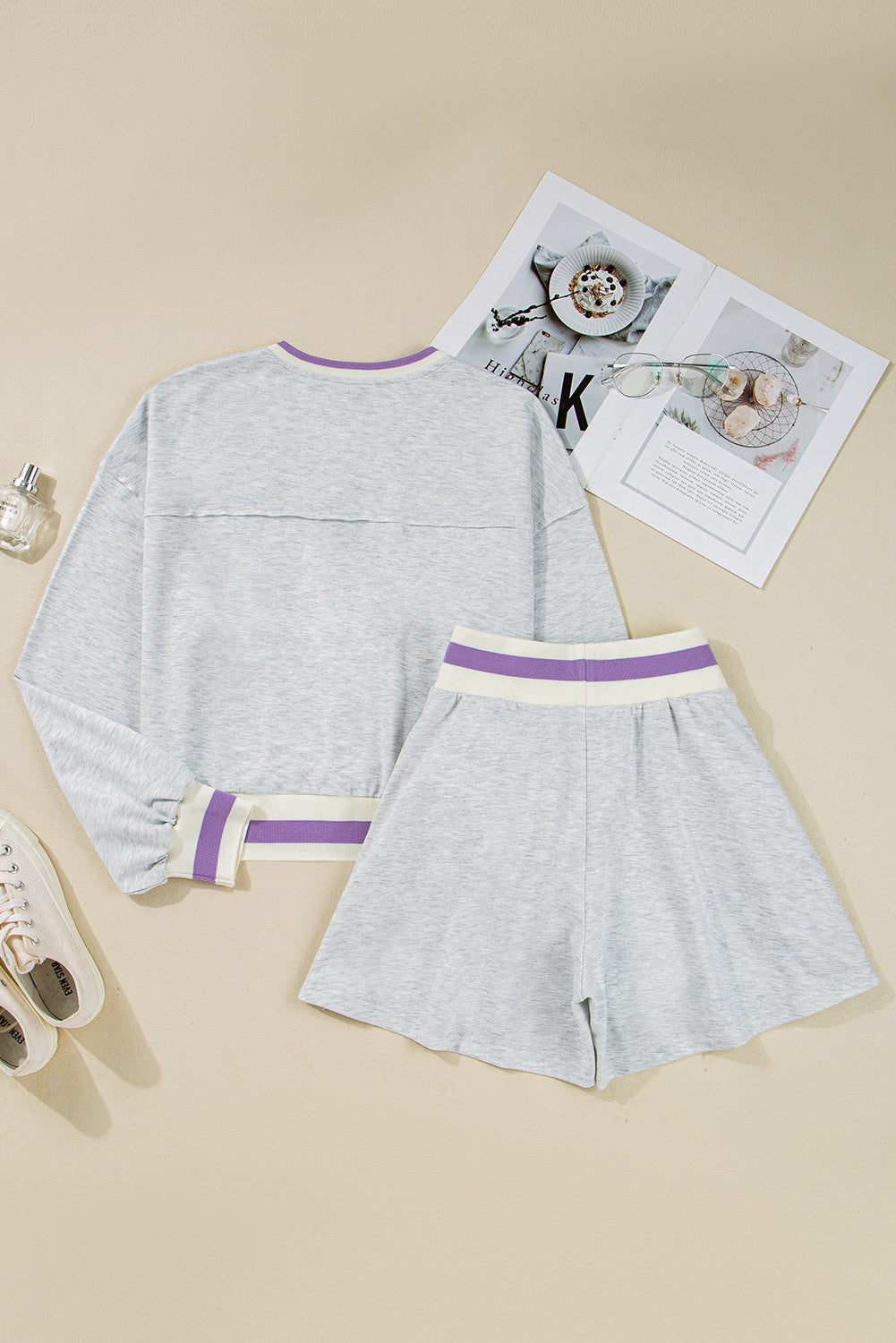 Premium Light Grey Contrast Striped Cropped Pullover And Short Set Dear-Lover Dropshipping
