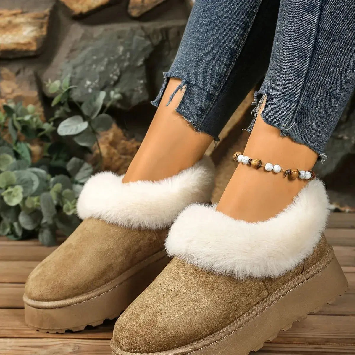 Fuzzy Trim Round Toe Platform Boots Simply Love