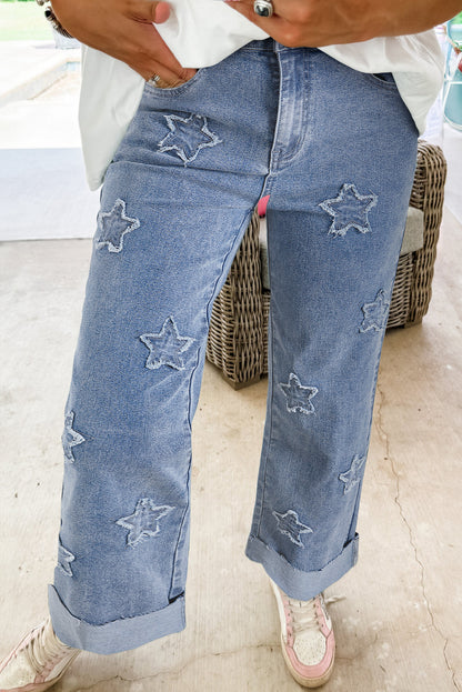 Dusk blue starry patchwork jeans