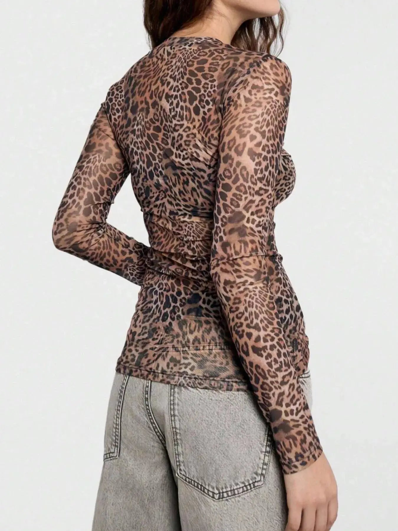 Sheer Leopard Print Long Sleeve Blouse Simply Love
