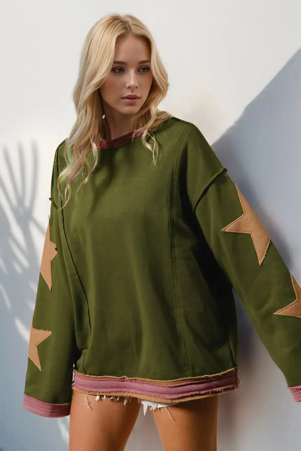 Double Take Star Patched Long Sleeve Sweatshirt - Love Salve