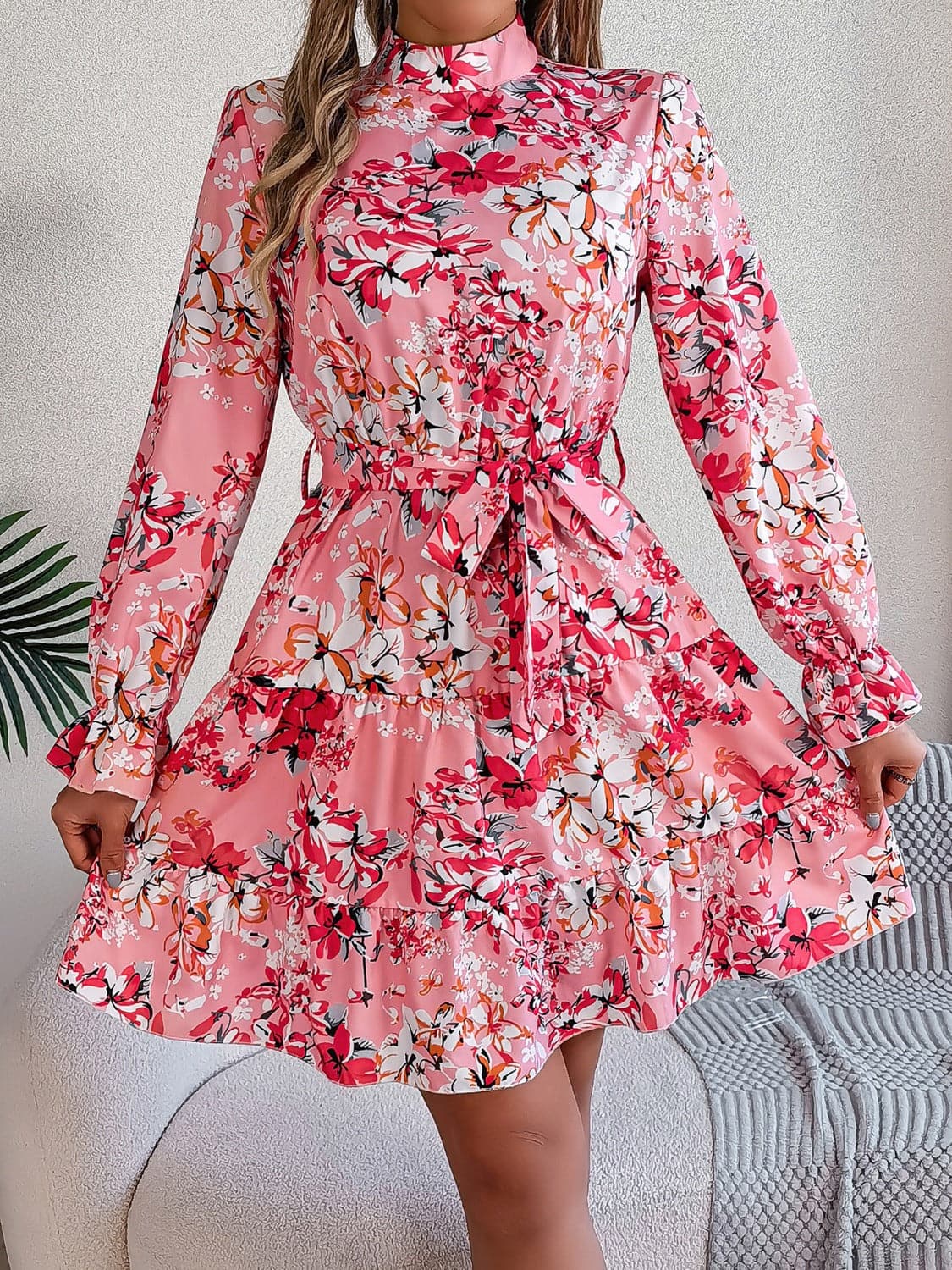 Printed Mock Neck Flounce Sleeve Mini Dress.