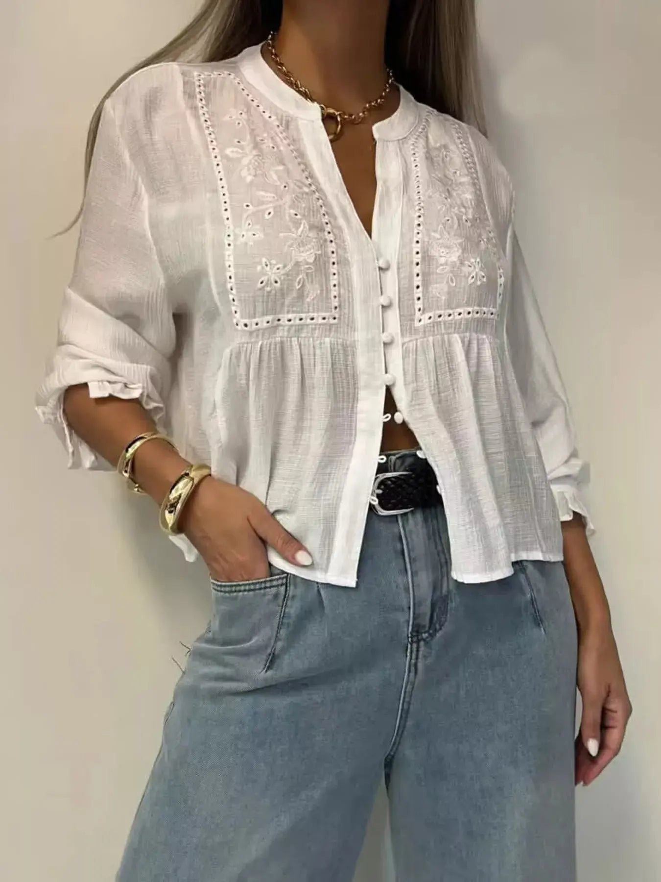 Embroidered Detail Button-Down Shirt Simply Love