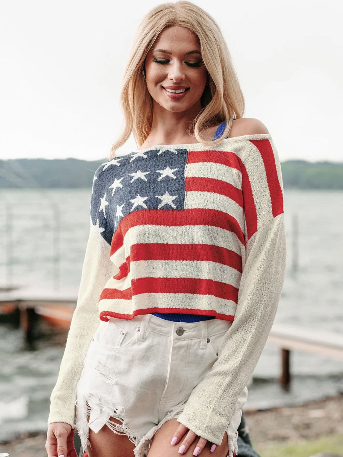 US Flag Boat Neck Long Sleeve Knit Top.