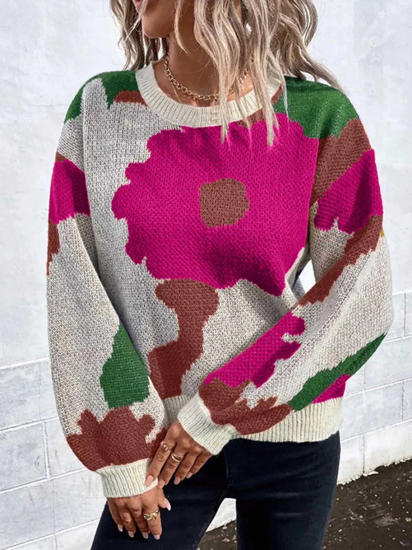 Floral Pattern Round Neck Sweater Simply Love