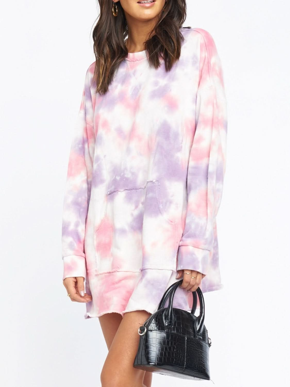 Chic Tie-Dye Long Sleeve Dress with Pockets and Stretch