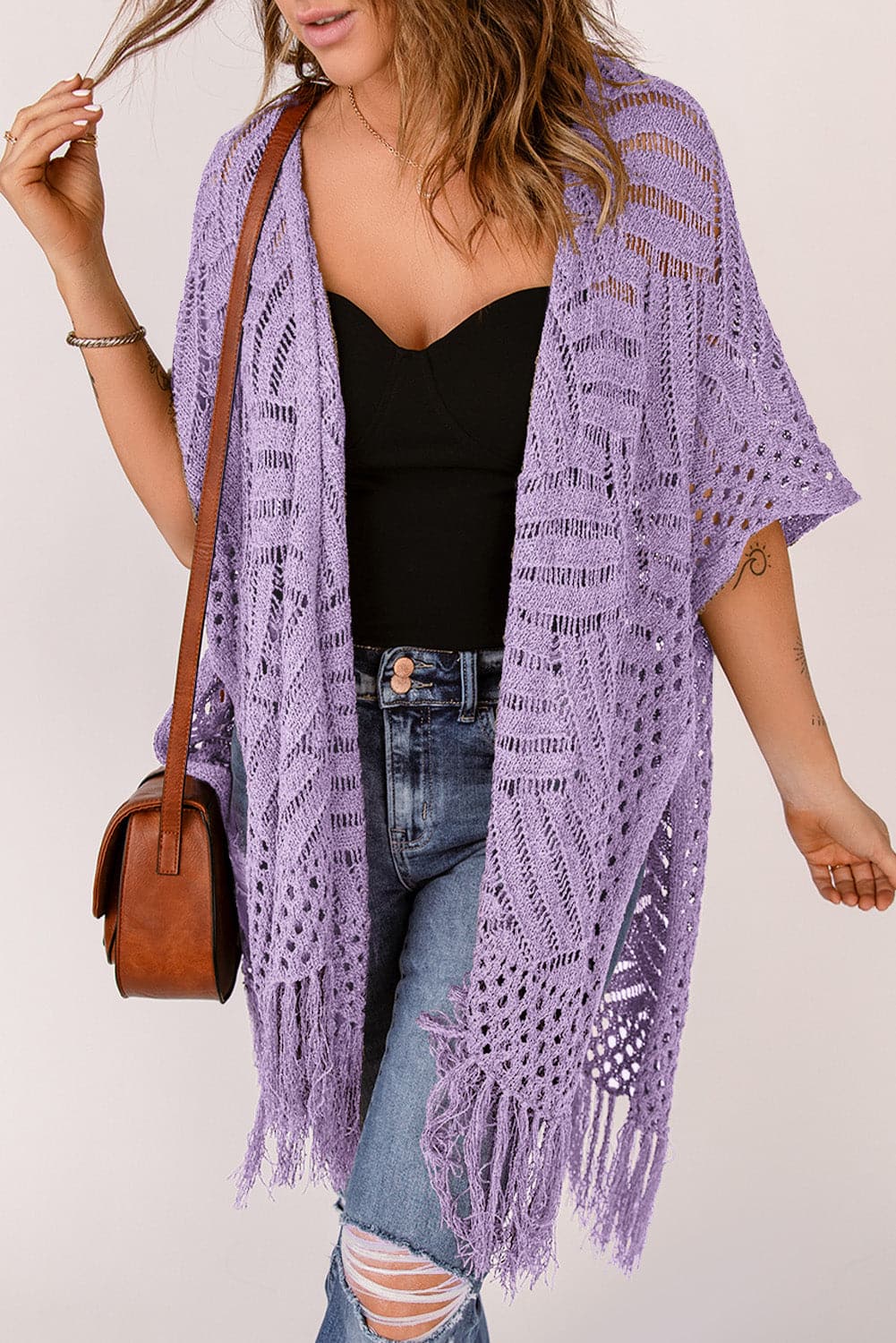 Openwork Open Front Cardigan with Fringes.