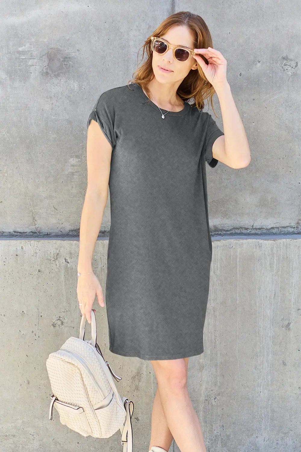Basic Bae Full Size Round Neck Short Sleeve Dress with Pockets - Love Salve