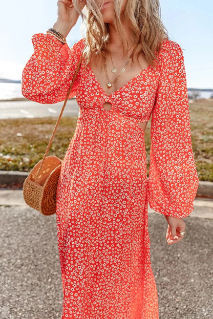 Chic V-neck midi dress, long sleeves