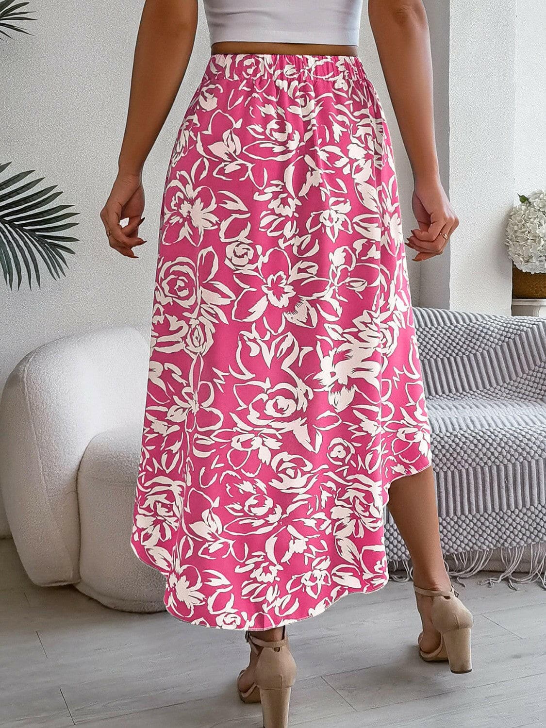 High-Low Printed High Waist Skirt.