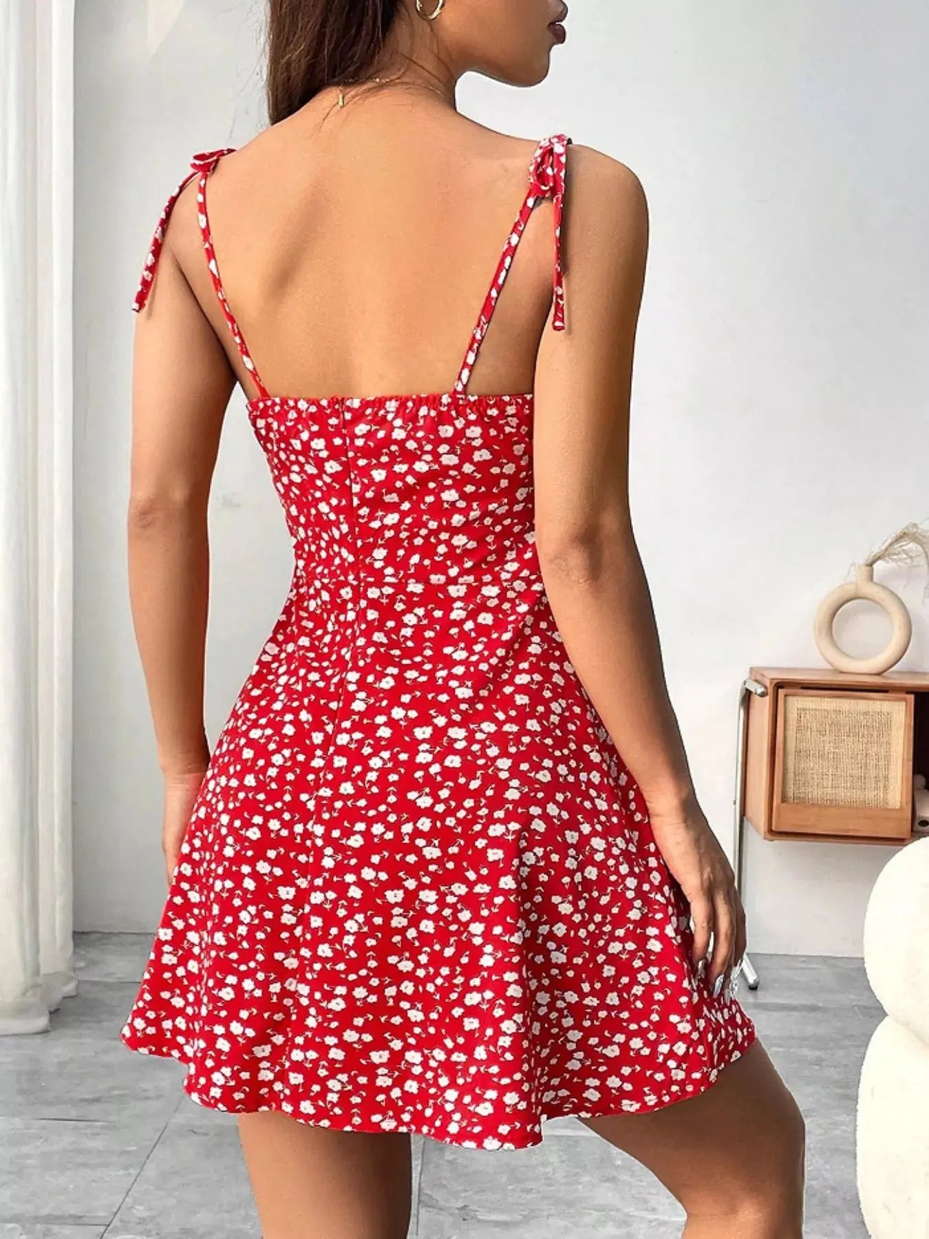 Floral Print Tie Strap Mini Dress Simply Love