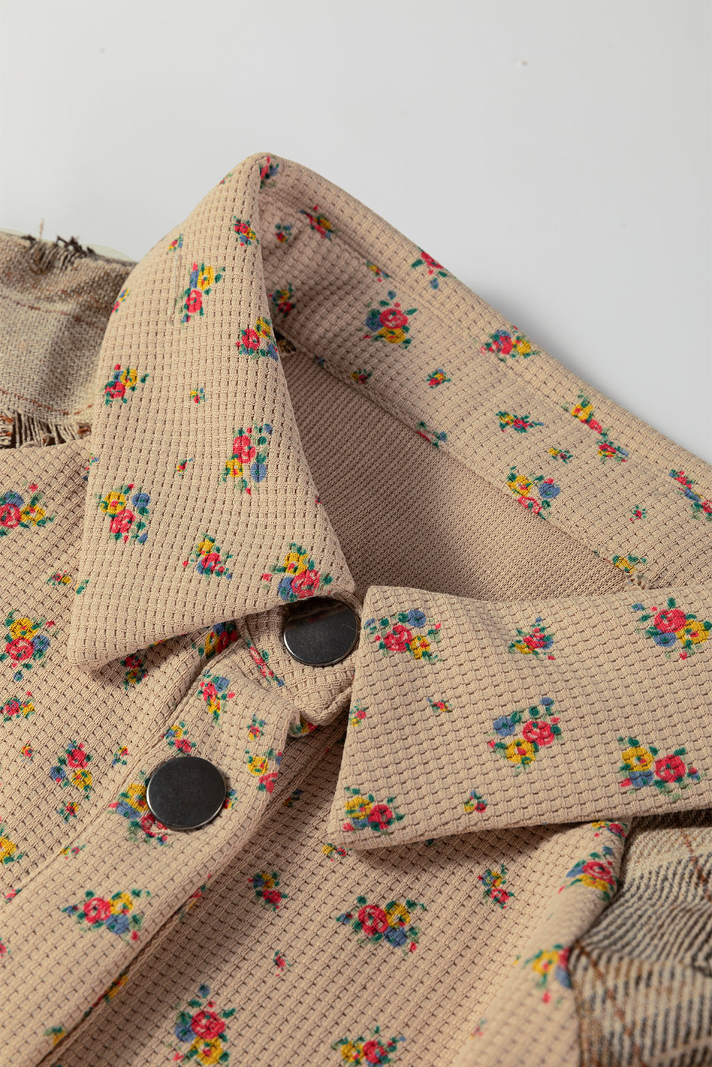 Oatmeal Boho Floral Plaid Patchwork Shacket With Distressed Details And Ruffled Sleeves In Waffle Knit Dear-Lover Dropshipping