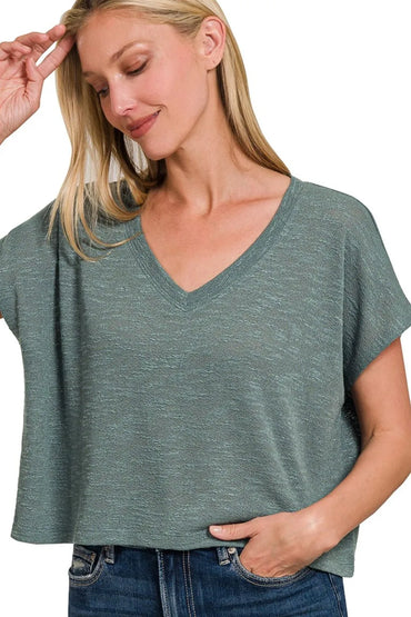 Zenana Hacci Slub V-neck Drop Shoulder Crop Top - Love Salve 