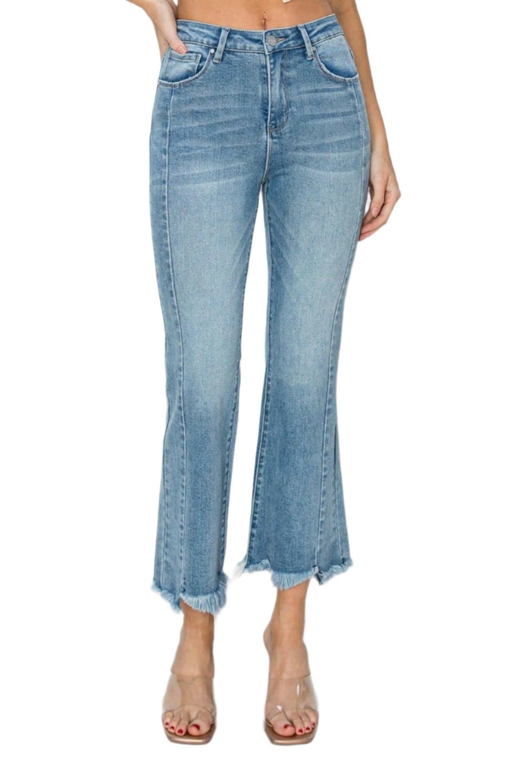 RISEN Full Size High Rise Frayed Hem Flare Jeans.