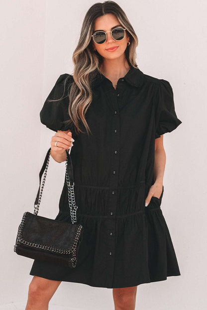 Chic Black Puff Sleeve Ruffle Hem Button Down Dress