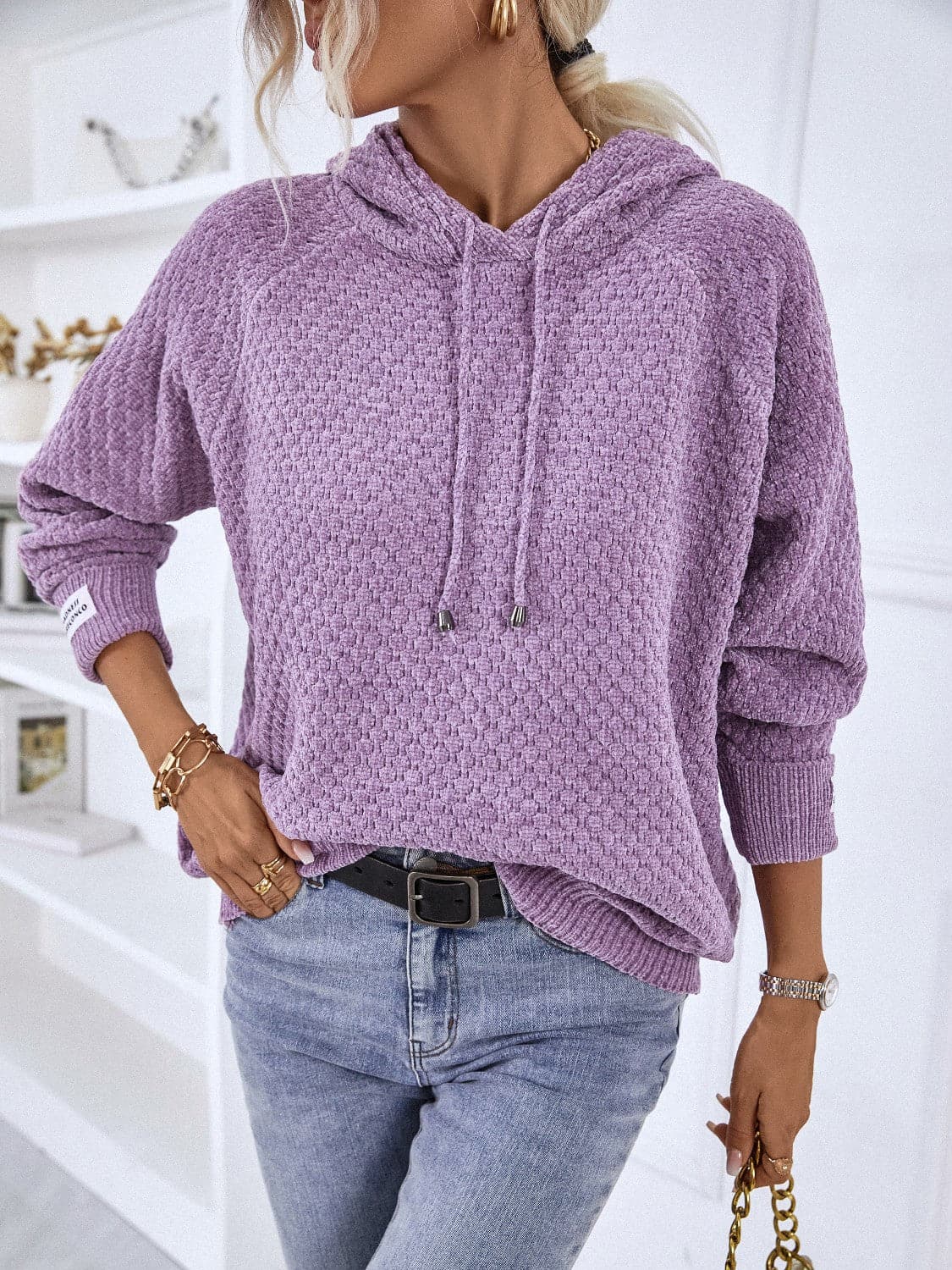 Texture Drawstring Long Sleeve Hooded Sweater.