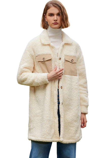 Beige Teddy Coat with Contrast Flap Pockets and Single Breasted Design