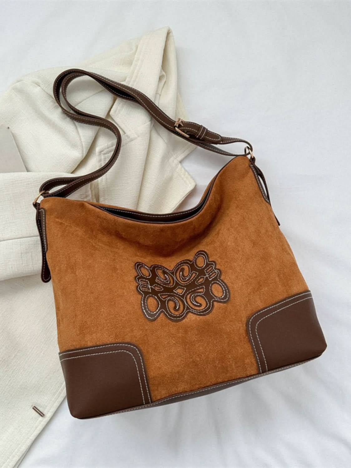 Chic suede patch tote with adjustable straps