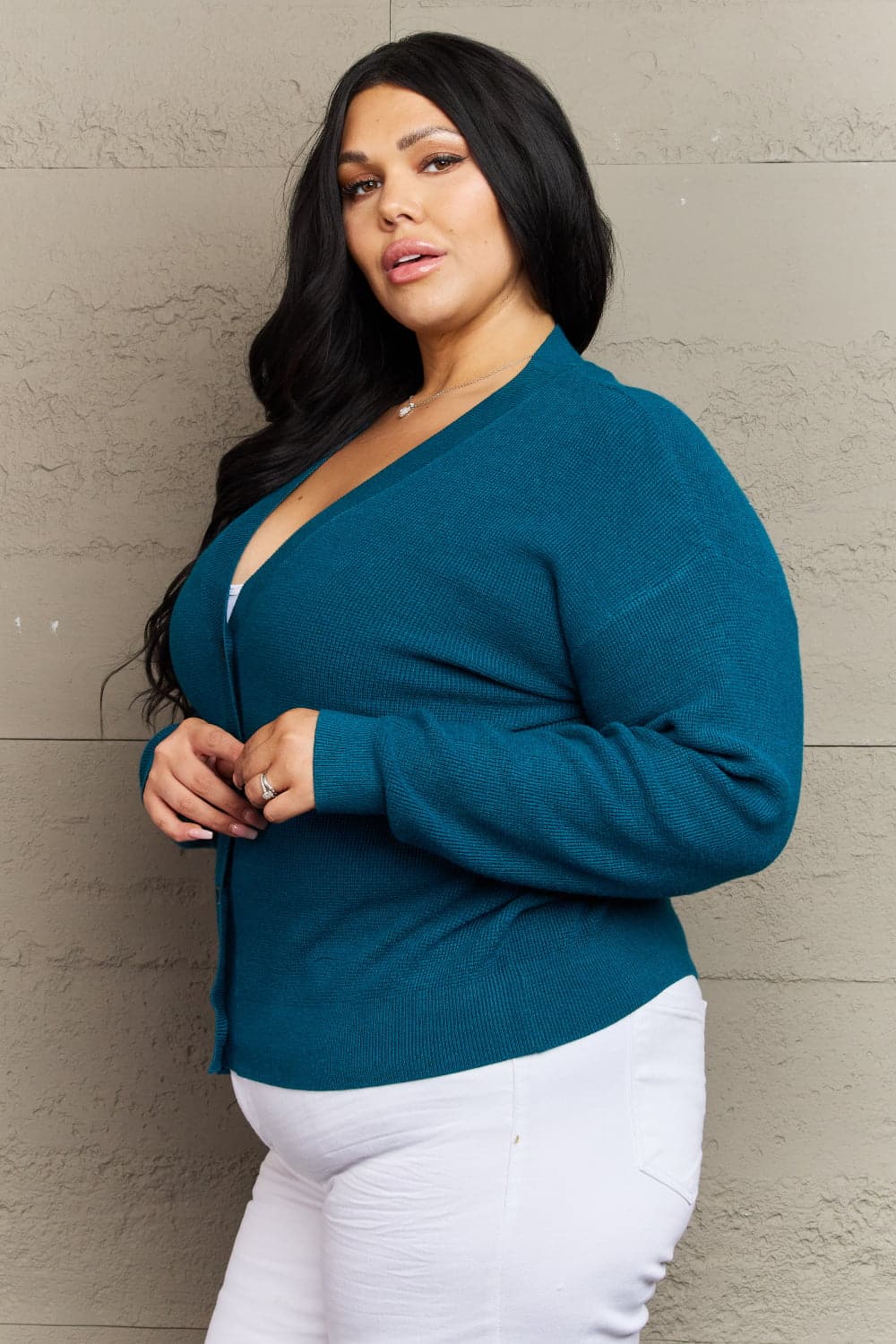 Zenana Kiss Me Tonight Full Size Button Down Cardigan in Teal.