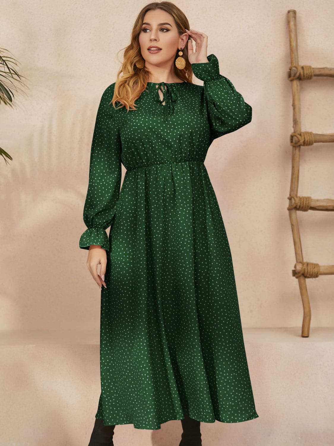 Plus Size Ruffled Polka Dot Long Sleeve Midi Dress.