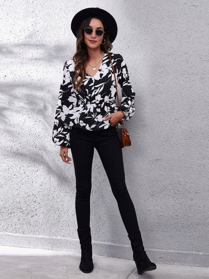 Printed V-Neck Long Sleeve Blouse.