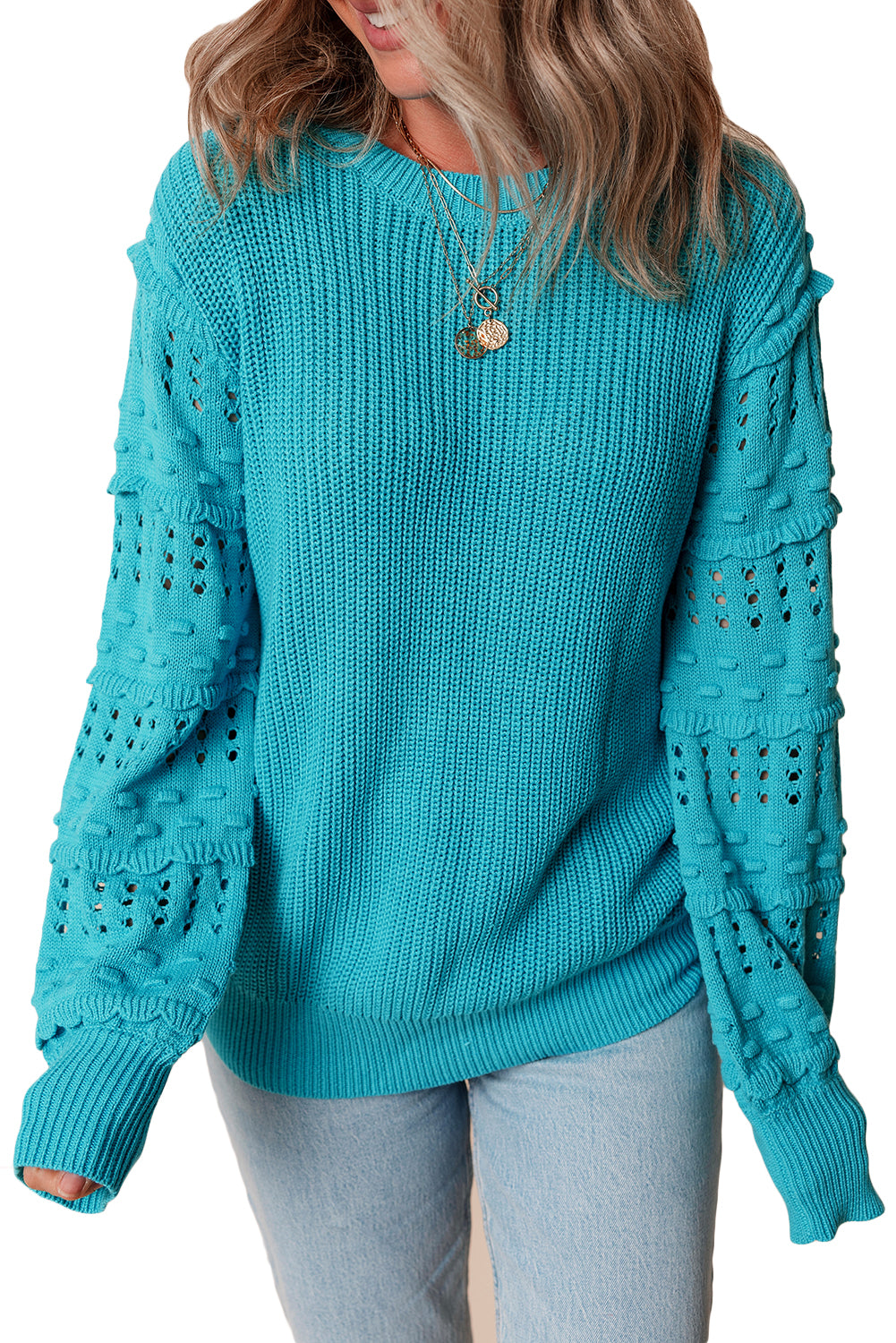 Turquoise ruffled bubble sleeve knit sweater