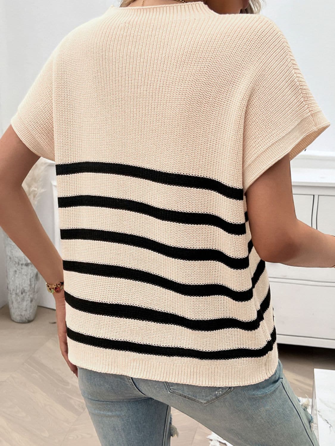 Striped Round Neck Short Sleeve Sweater.