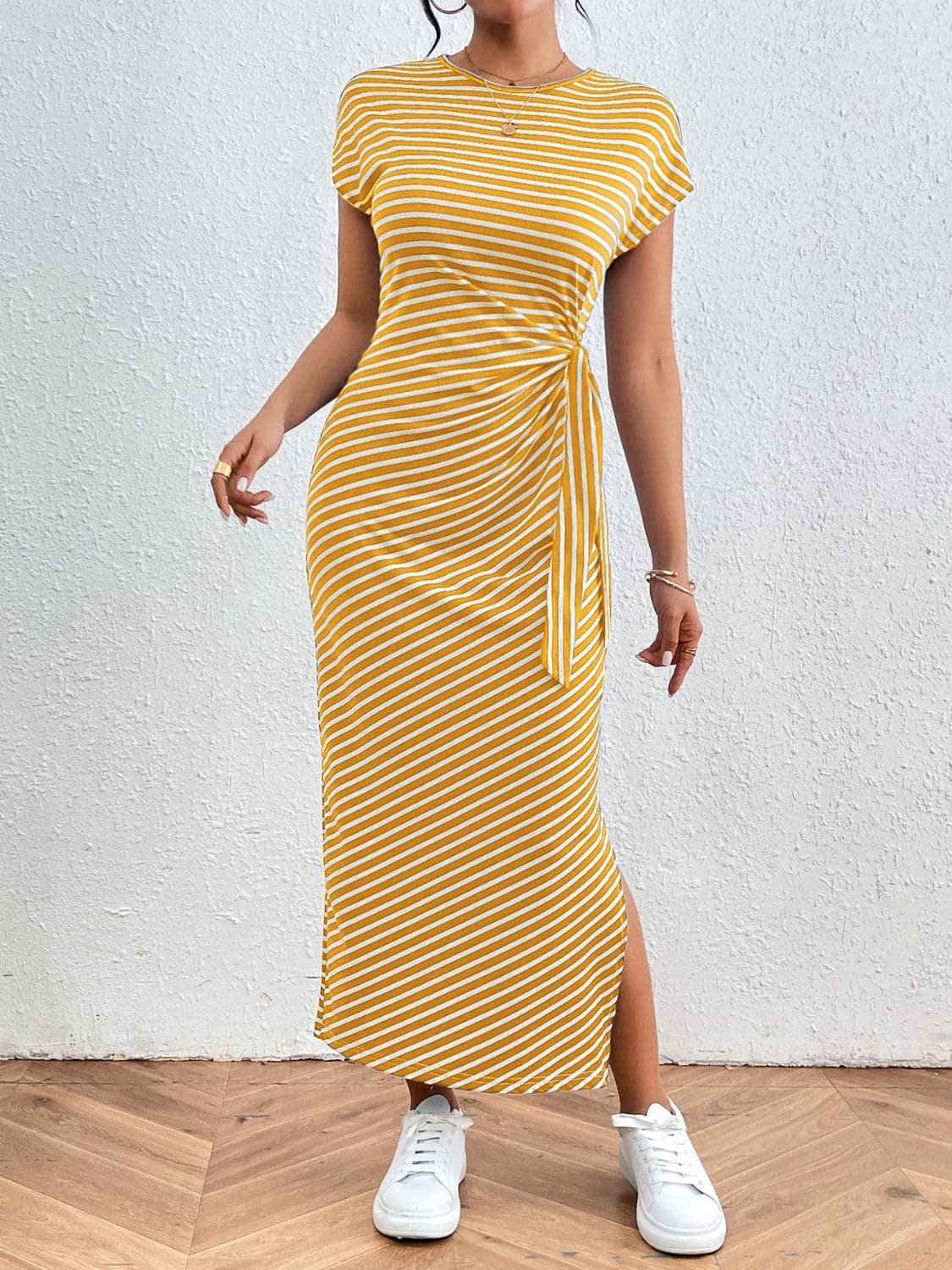 Tied Striped Round Neck Short Sleeve Tee Dress.