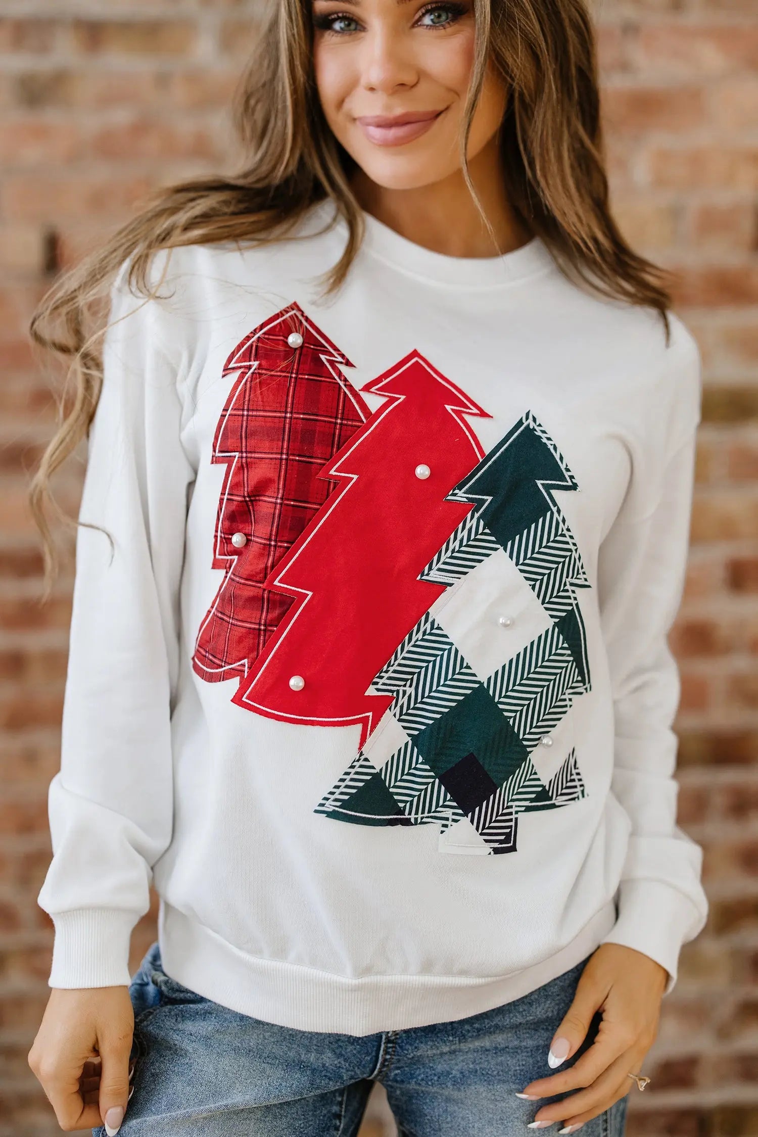 White Pearl Plaid Christmas Tree Patched Drop Shoulder Sweatshirt Dear-Lover Dropshipping