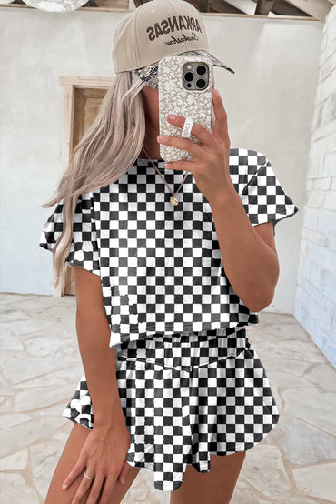 Black Checkerboard T Shirt and High Waist Skorts Outfit