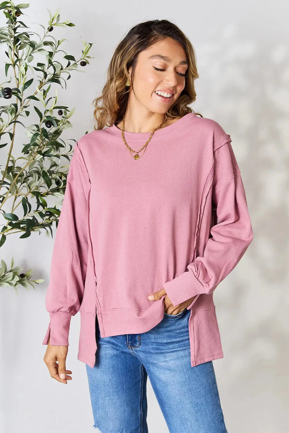 Culture Code Full Size Round Neck Exposed Seam Slit Top Coco’s Tee Boutique