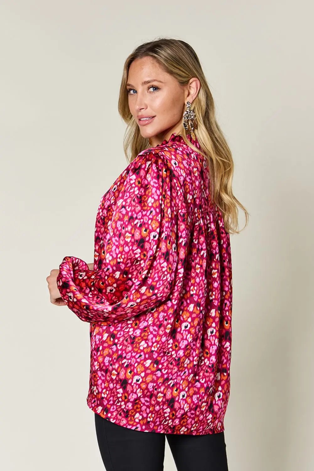 Double Take Full Size Printed Long Sleeve Blouse - Love Salve