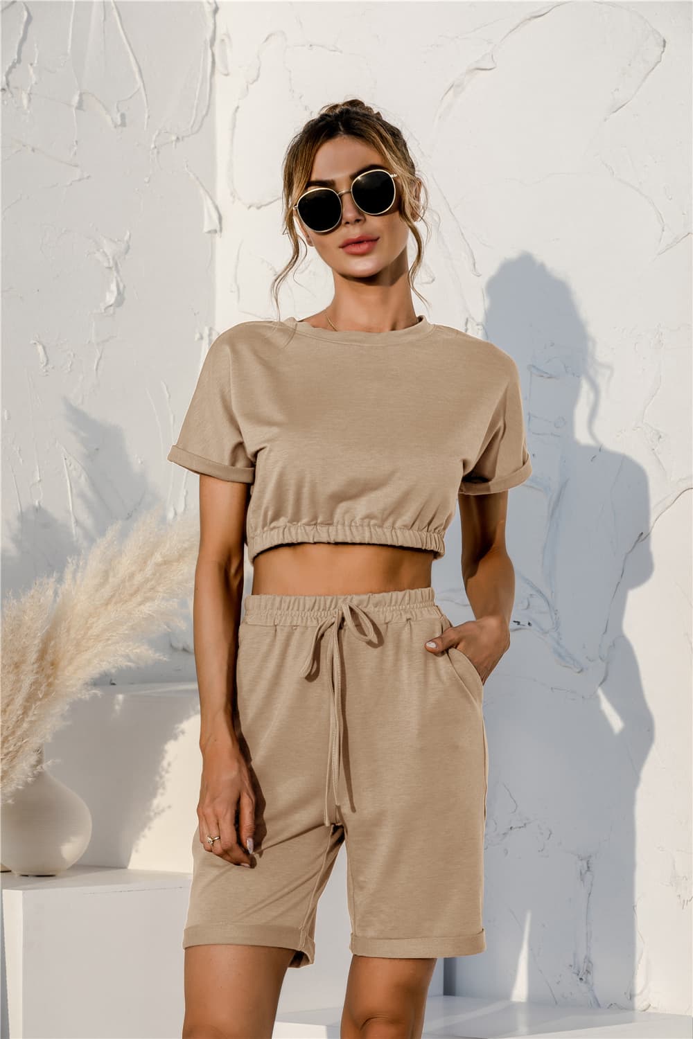 Short Sleeve Cropped Top and Drawstring Shorts Lounge Set.