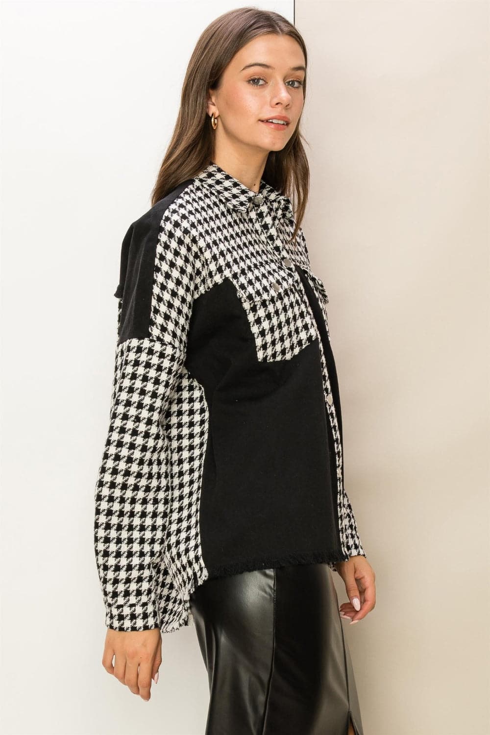 HYFVE Houndstooth Contrast Raw Hem Jacket.