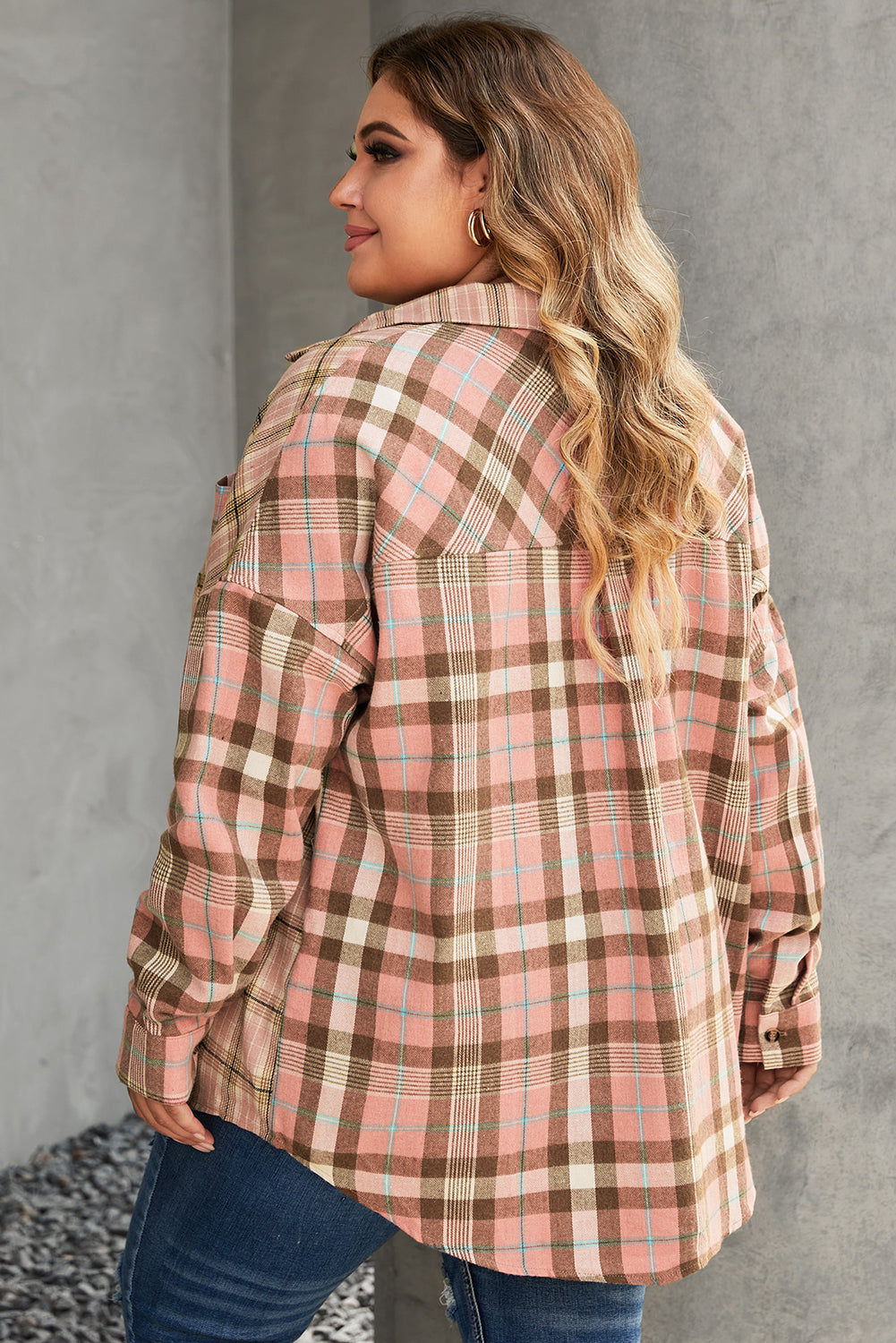 Chic pink plus size plaid long sleeve shirt with pocket detail