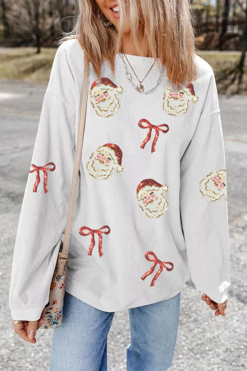 Full Size Corded Rib Sequin Santa Bow Patched Drop Shoulder Sweatshirt Plus Size Simply Love