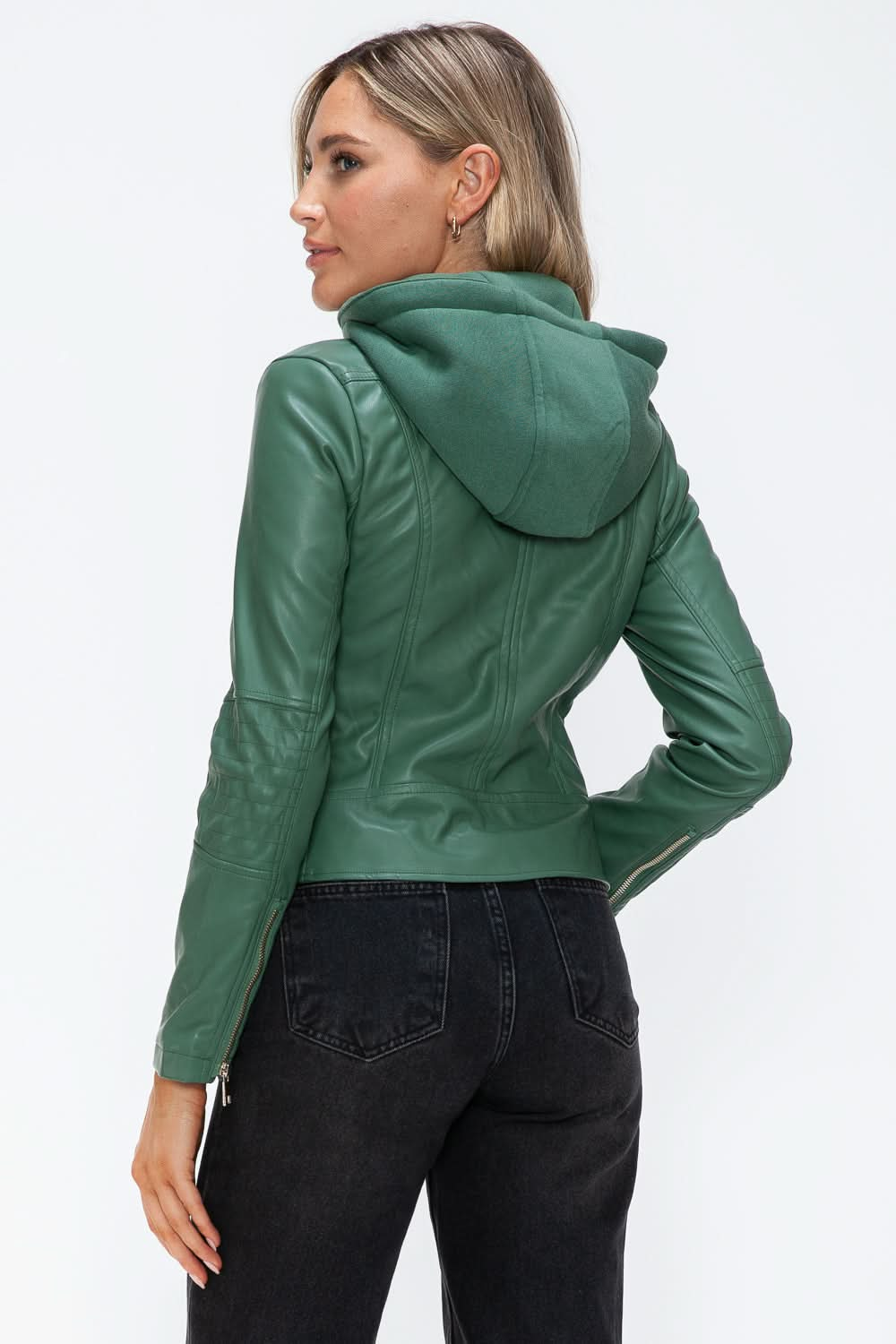 Snobbish Faux Leather Zip Up Drawstring Hooded Jacket