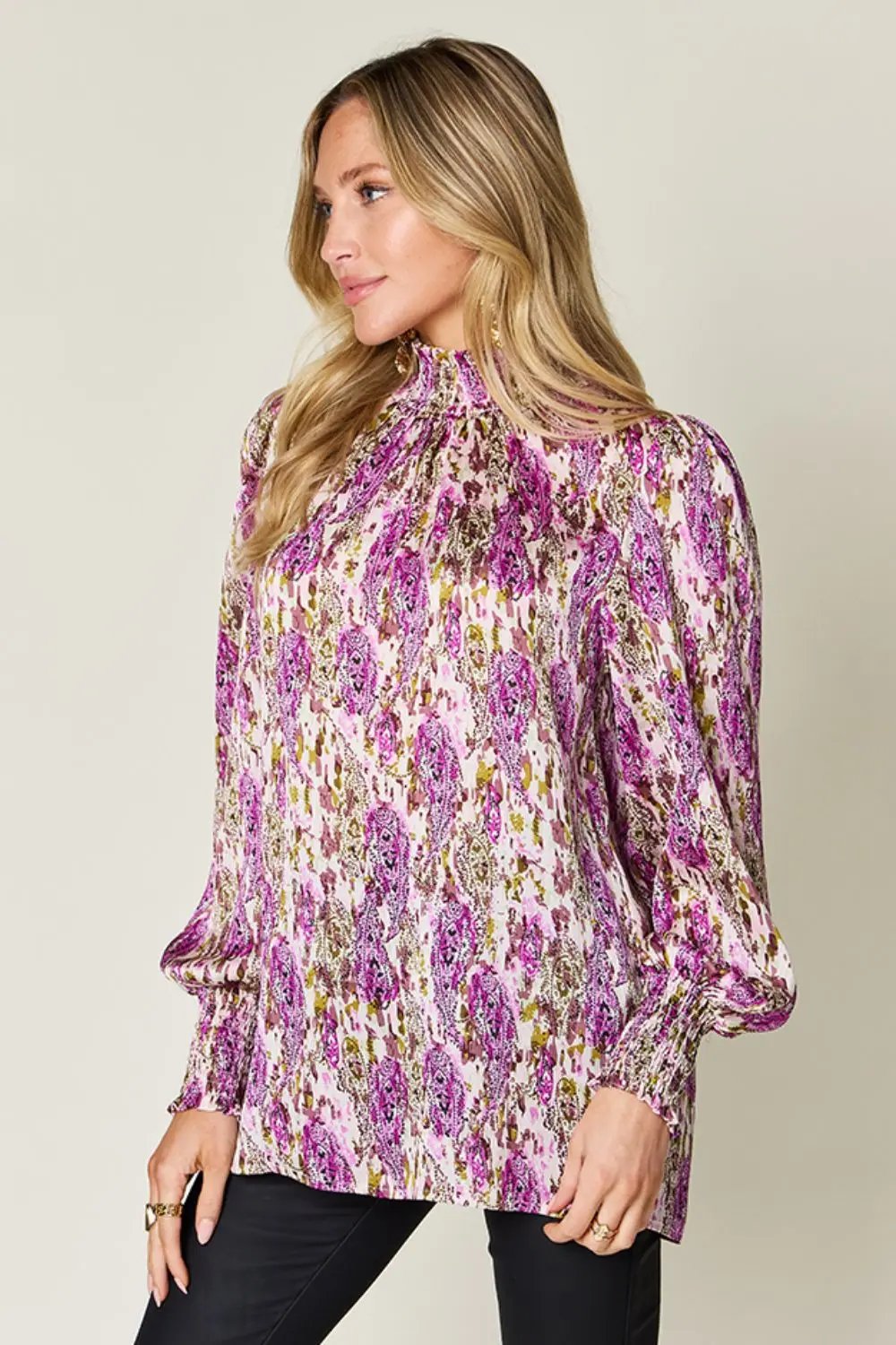Double Take Full Size Printed Smocked Long Sleeve Blouse - Love Salve