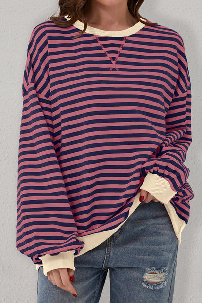 Cozy red striped oversized pullover with contrast trim