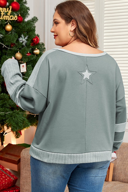 Mist green starry patchwork plus size t-shirt with round neckline