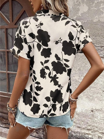 Flower Notched Short Sleeve Blouse.