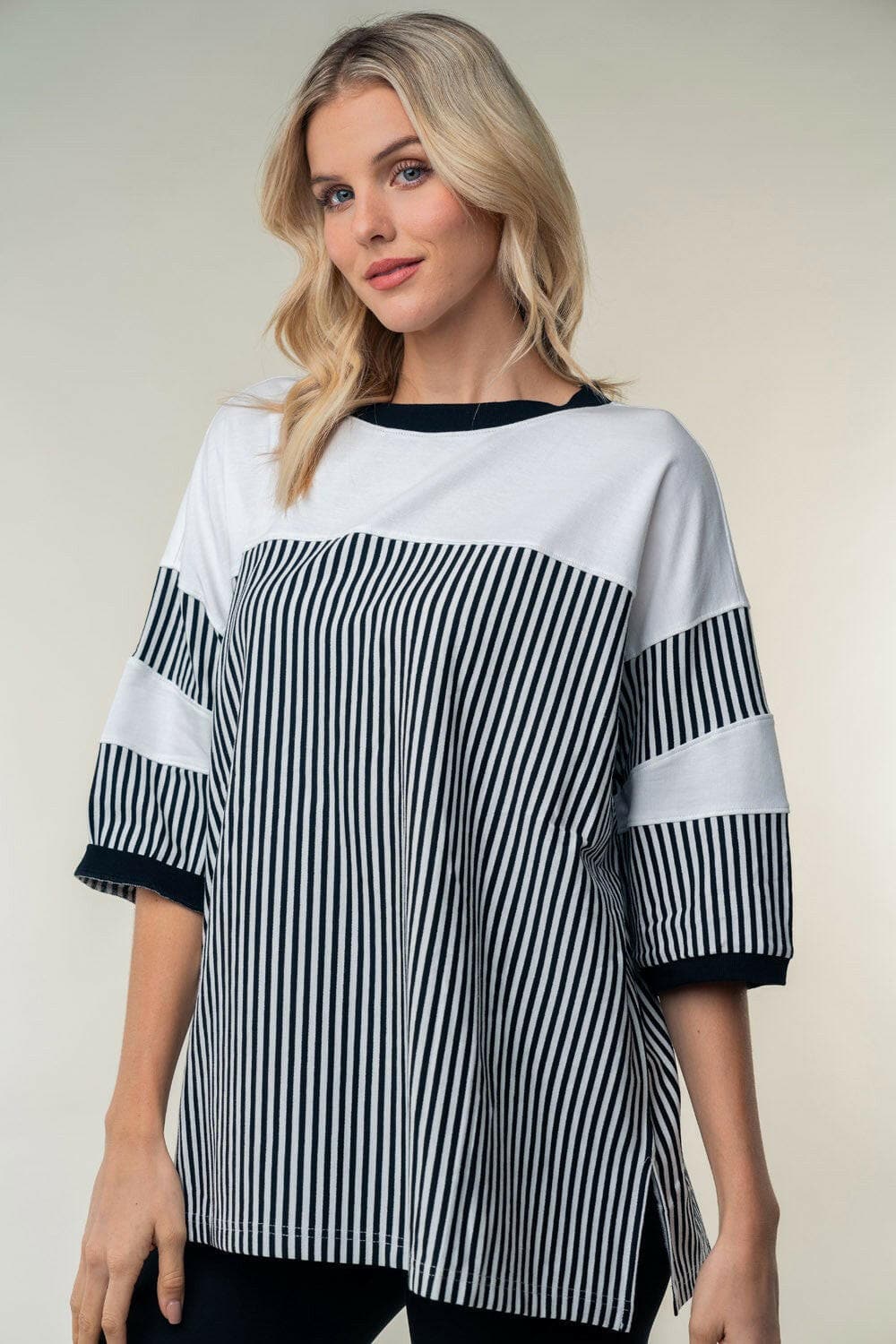 White Birch Full Size Striped Contrast Round Neck Top.