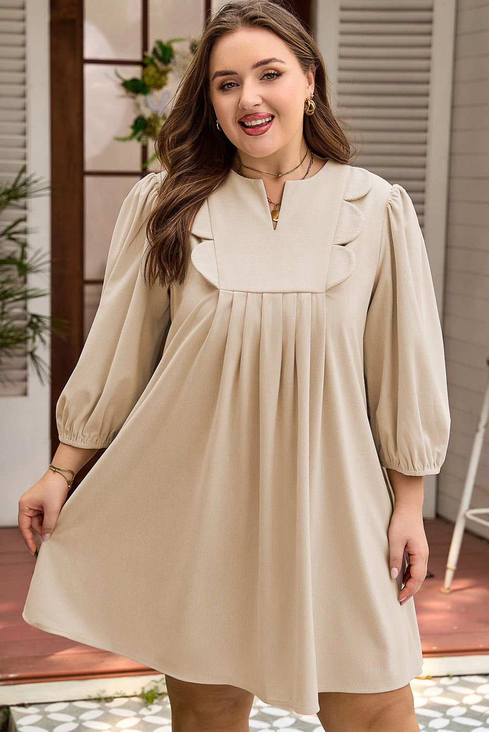 Parchment Notched Neck Scallop Detail Plus Size Mini Dress Dear-Lover Dropshipping