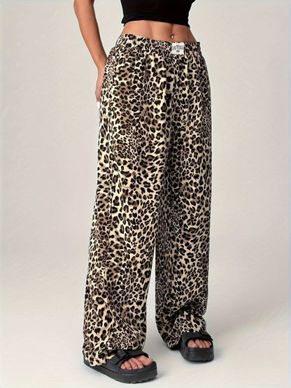 Leopard Print Wide Leg Trousers with Functional Pockets