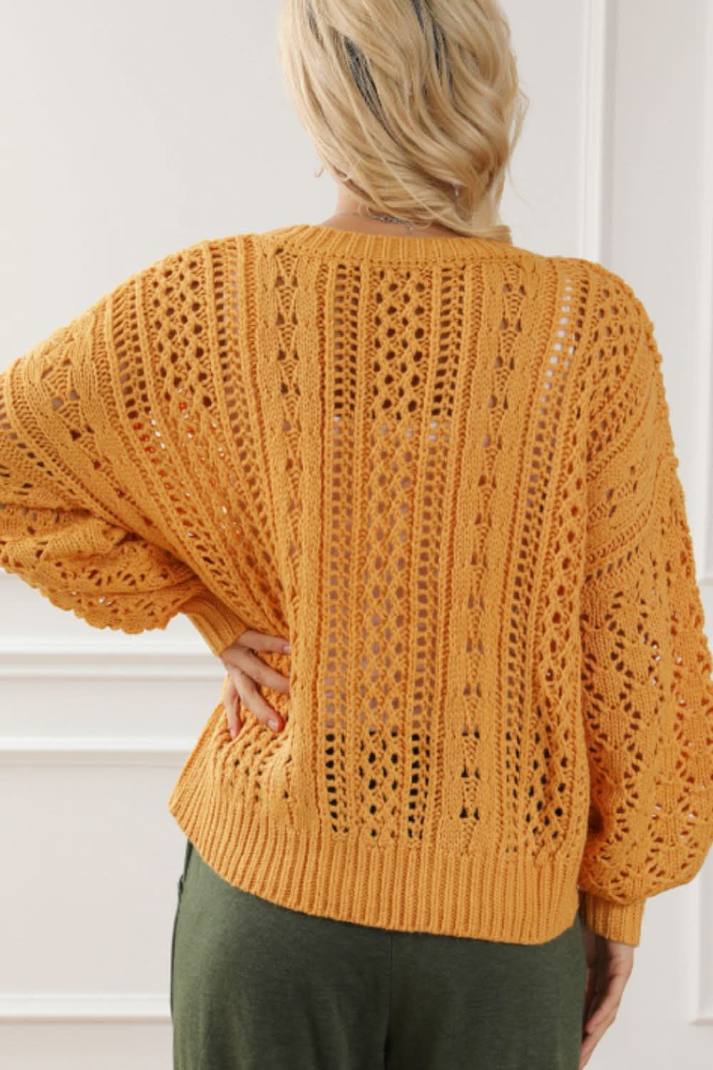 Openwork Round Neck Drop Shoulder Sweater